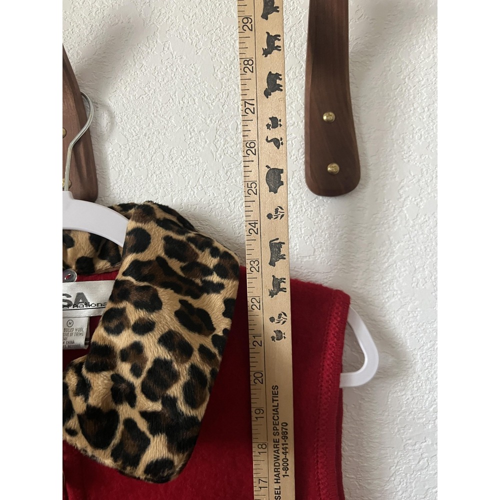 Lisa International Vest Womens Medium Red Wool Faux Fur Leopard Collar Zip - Picture 8 of 13